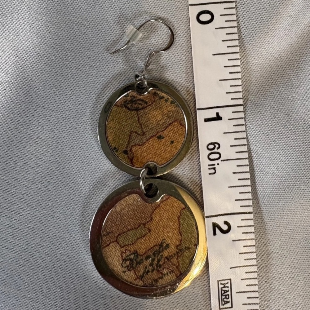 Alviero Martini Round Double-Drop Map Print Dangle Earrings - Brown & Silver! đź’Ą - Picture 6 of 7